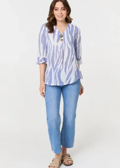 Tops>Izabel London Blue Animal Print 3/4 Flared Sleeve Blouse