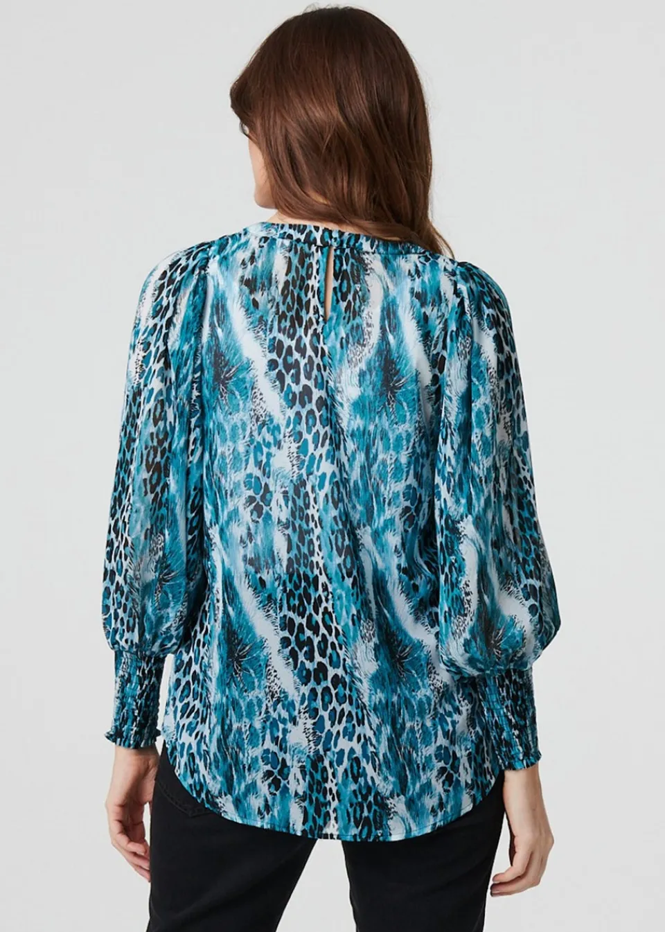 Tops>Izabel London Blue Animal Print Semi Sheer Blouse Top