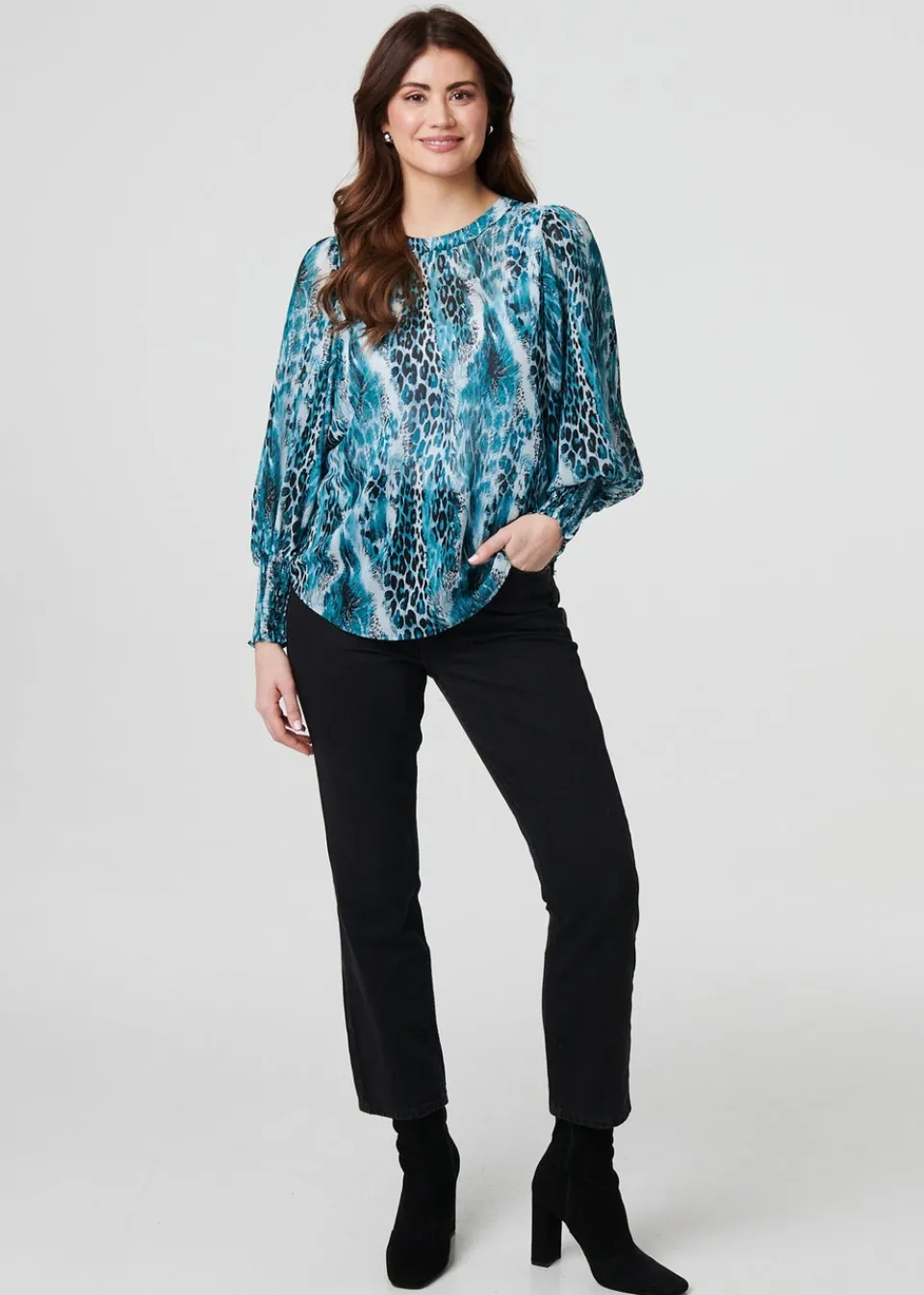Tops>Izabel London Blue Animal Print Semi Sheer Blouse Top