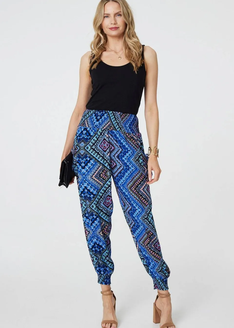 Trousers>Izabel London Blue Aztec Print High Waist Harem Pants
