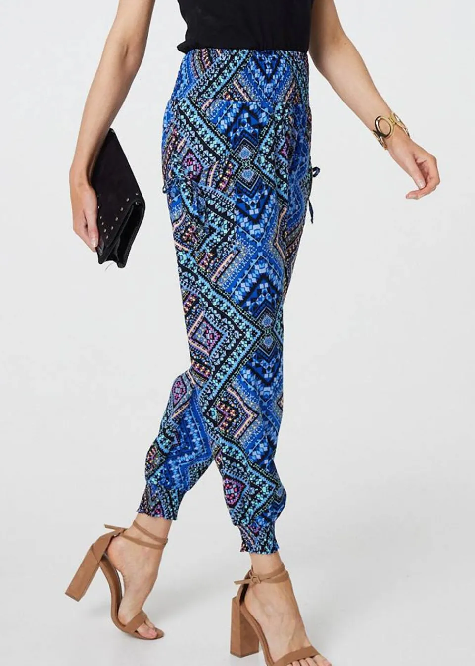 Trousers>Izabel London Blue Aztec Print High Waist Harem Pants