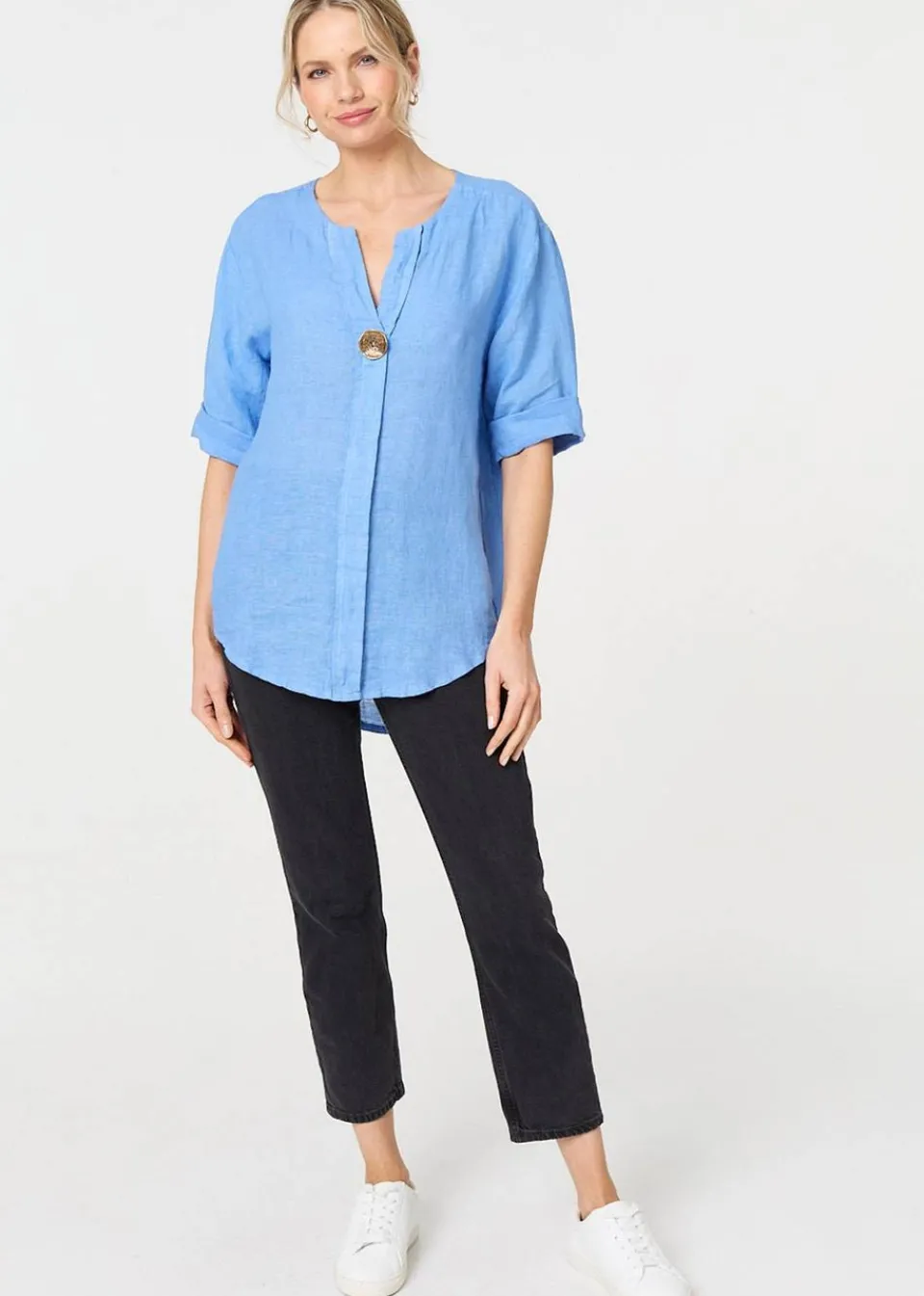 Tops>Izabel London Blue Button Detail V-Neck Blouse
