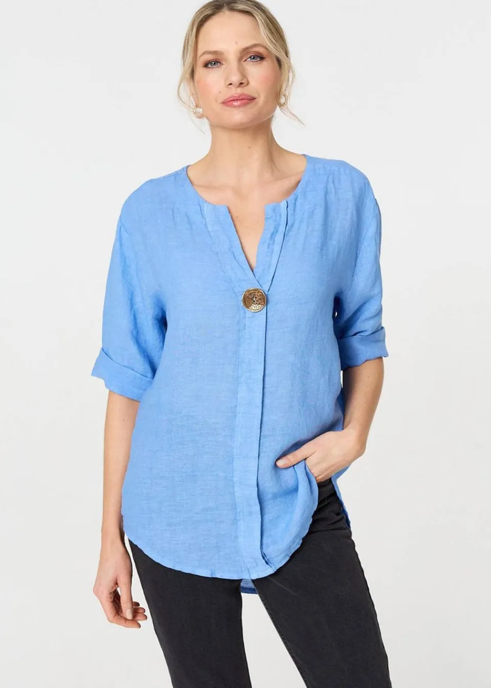 Tops>Izabel London Blue Button Detail V-Neck Blouse