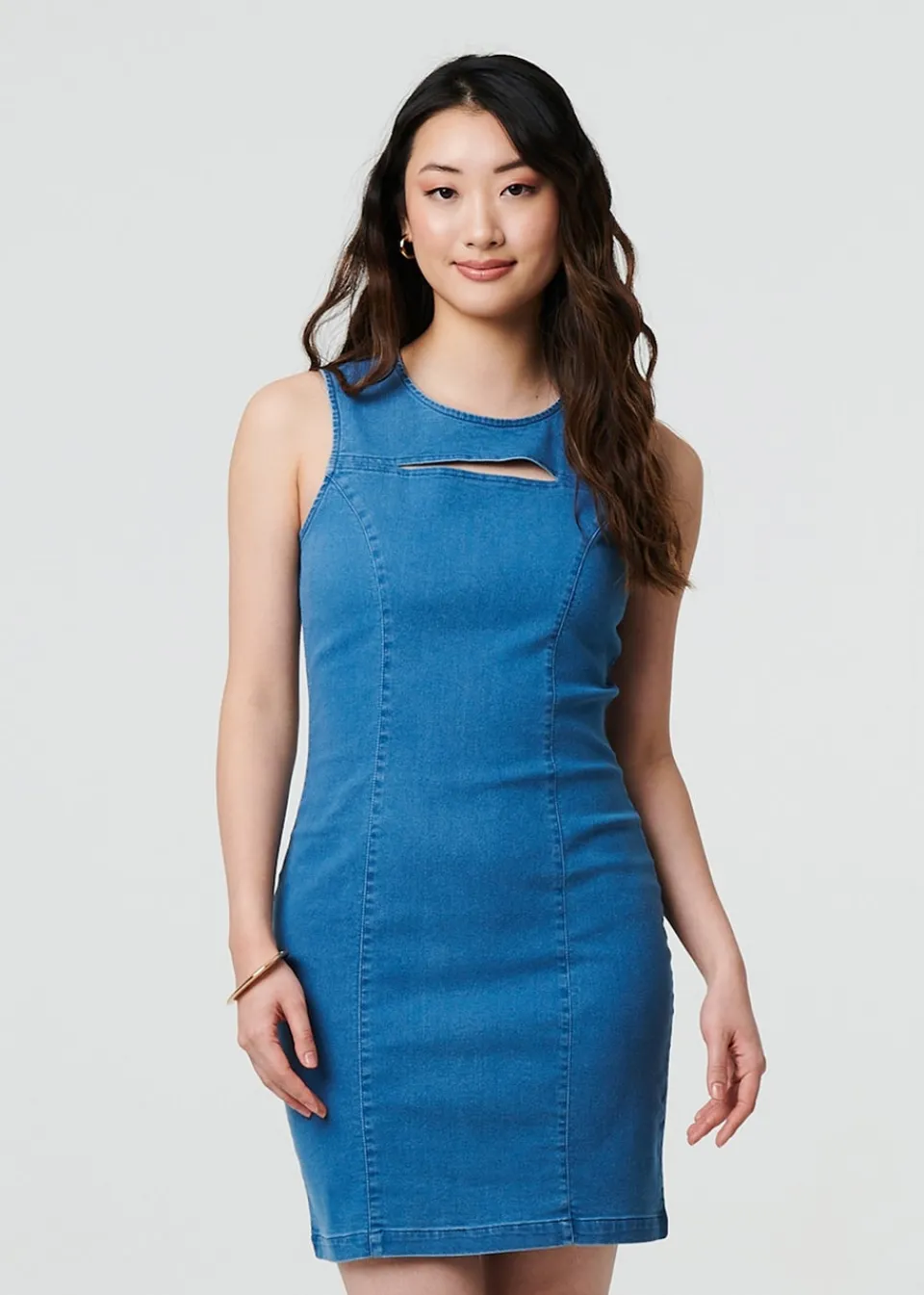 Dresses>Izabel London Blue Cut Out Detail Sleeveless Denim Mini Dress