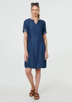 Dresses>Izabel London Blue Denim Relaxed Button Front Short Dress