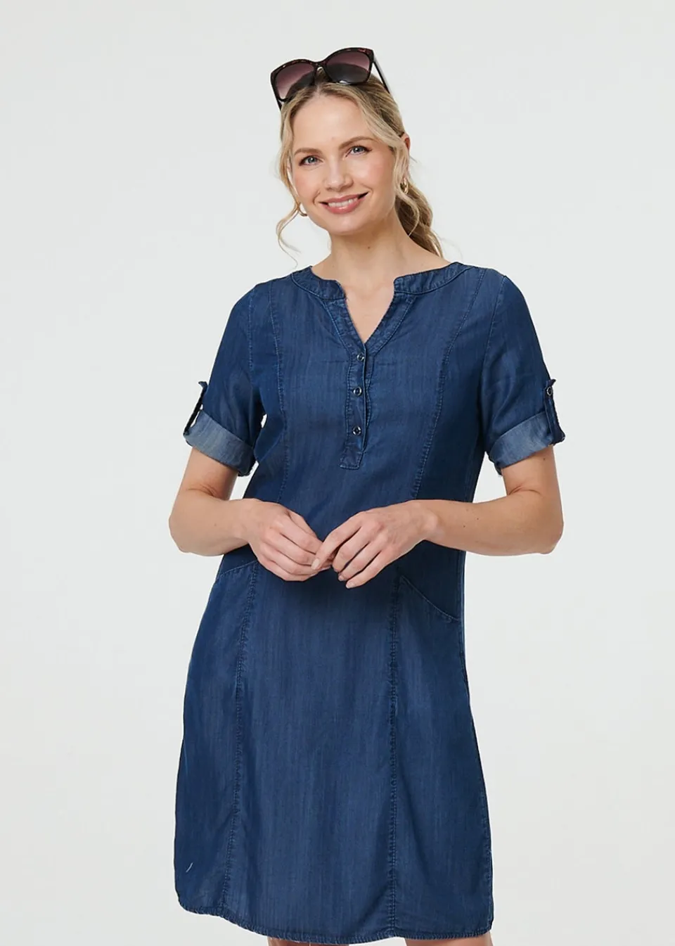 Dresses>Izabel London Blue Denim Relaxed Button Front Short Dress