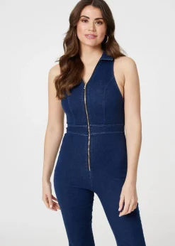 Jumpsuits & Playsuits>Izabel London Blue Denim Zip Front Flared Jumpsuit