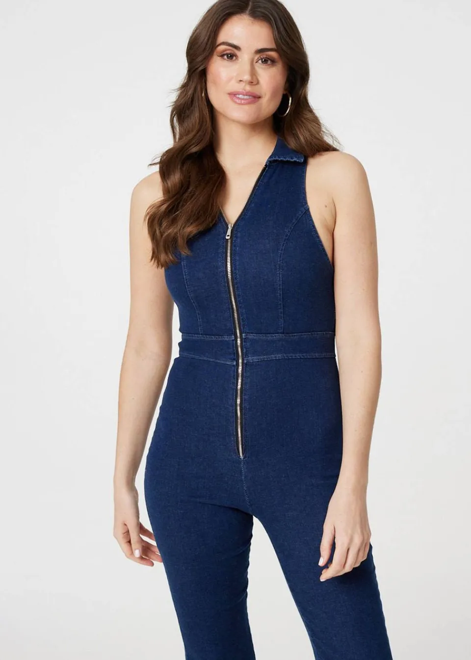 Jumpsuits & Playsuits>Izabel London Blue Denim Zip Front Flared Jumpsuit