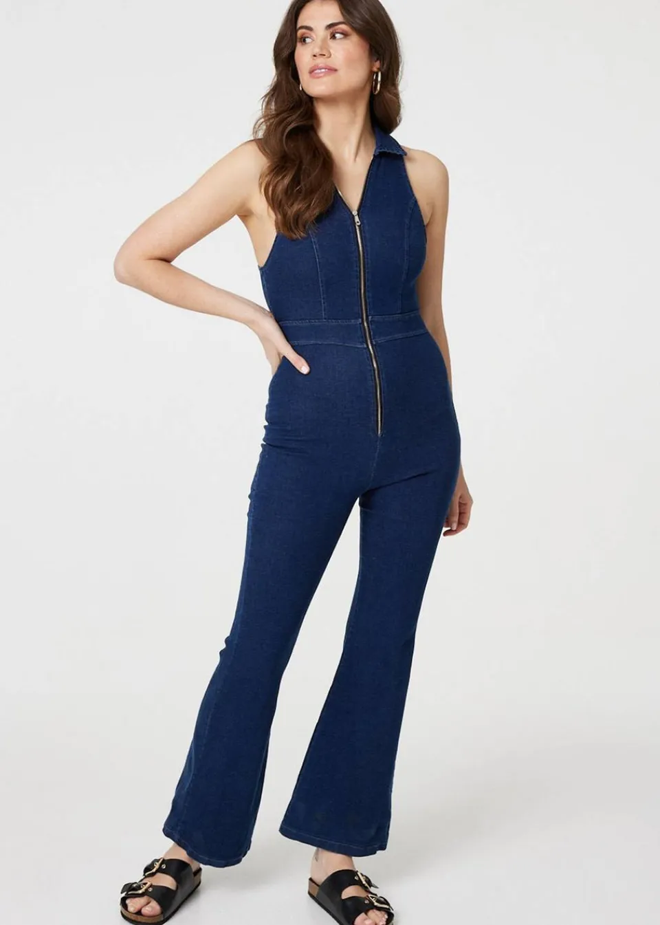 Jumpsuits & Playsuits>Izabel London Blue Denim Zip Front Flared Jumpsuit