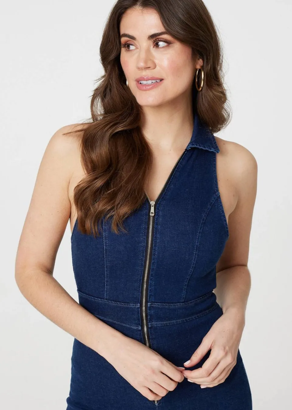 Jumpsuits & Playsuits>Izabel London Blue Denim Zip Front Flared Jumpsuit