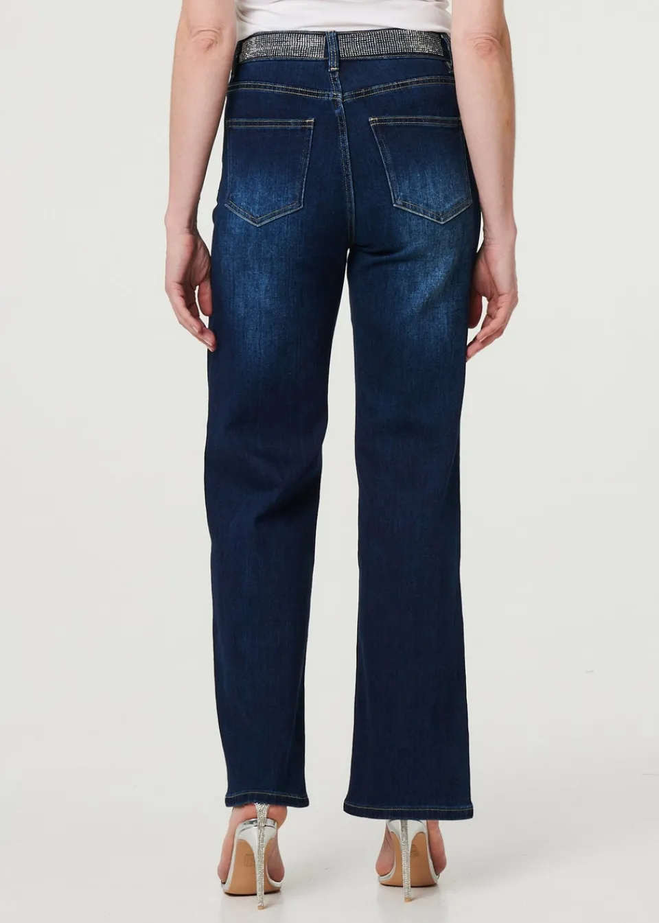 Jeans & Jeggings>Izabel London Blue Diamante Stud High Waist Straight Jeans