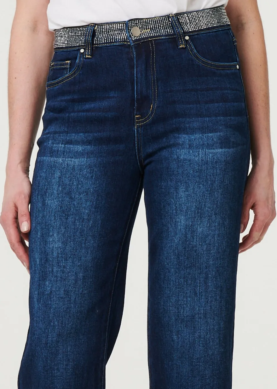 Jeans & Jeggings>Izabel London Blue Diamante Stud High Waist Straight Jeans