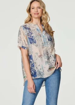 Tops>Izabel London Blue Floral Collarless Short Sleeve Blouse