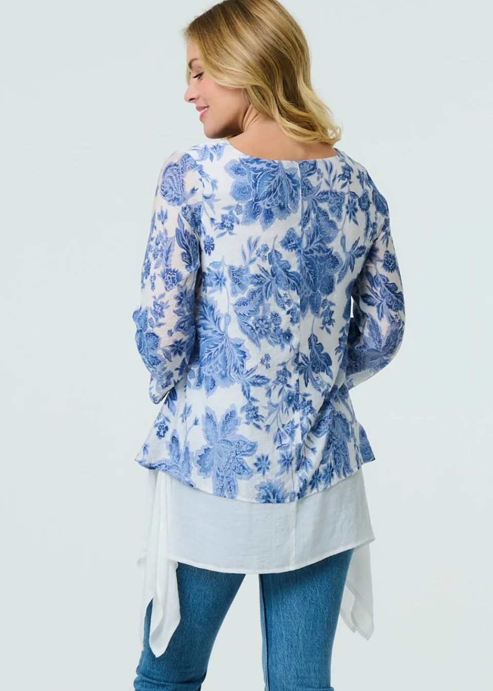 Tops>Izabel London Blue Floral Layered High Low Tunic