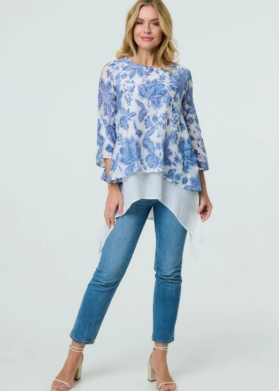 Tops>Izabel London Blue Floral Layered High Low Tunic