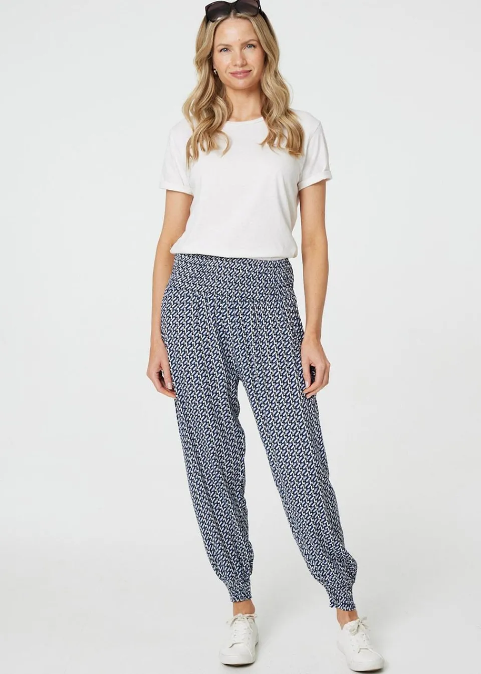 Trousers>Izabel London Blue Geo Print Pocket Detail Harem Pants