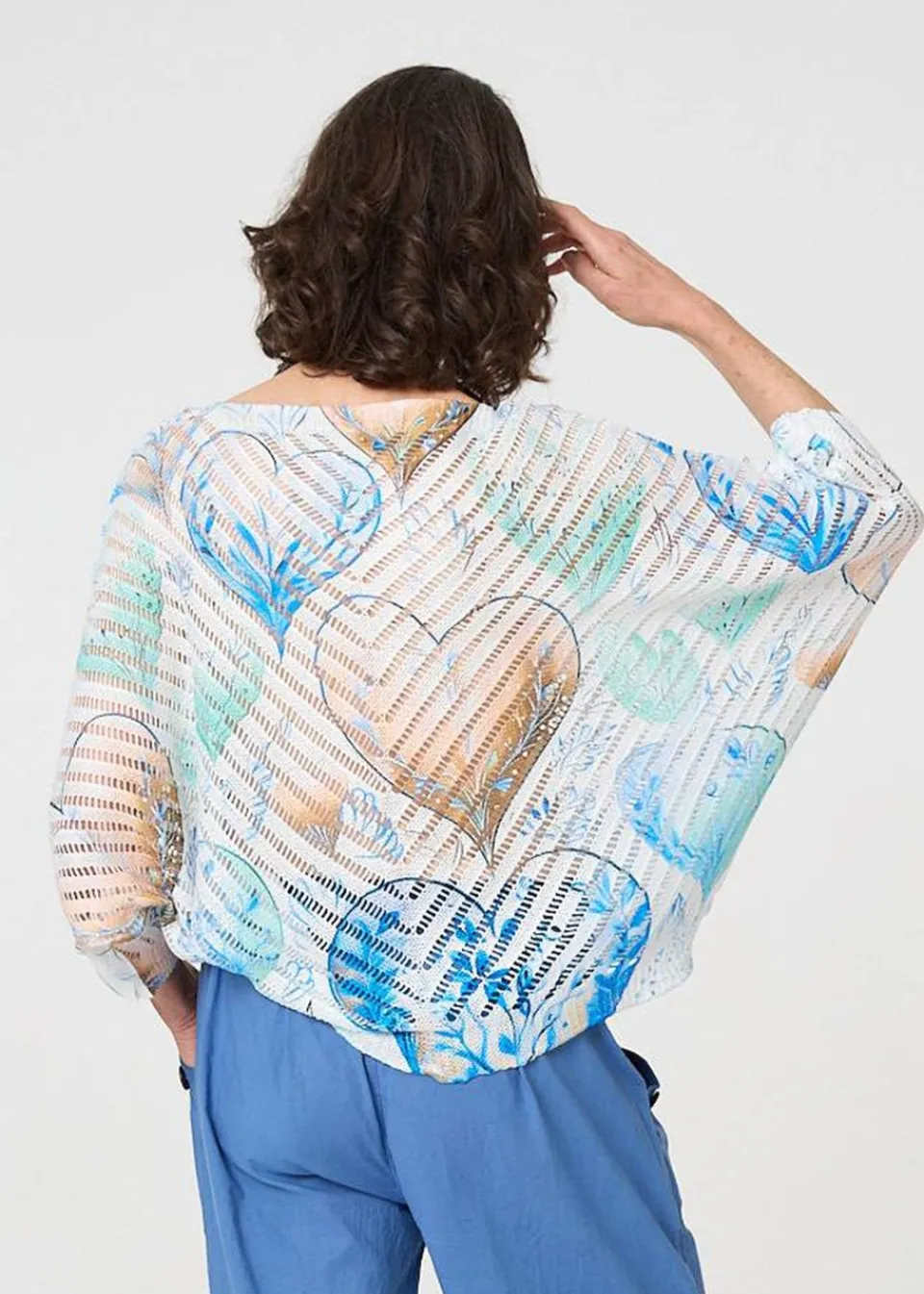 Tops>Izabel London Blue Heart Print Open Knit 3/4 Sleeve Top