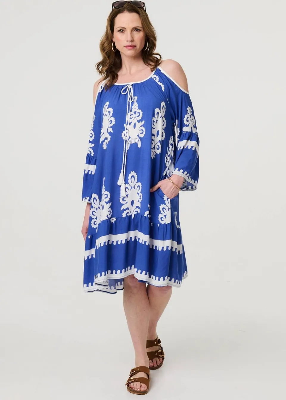 Tops>Izabel London Blue Ikat Print Cut Out Knee Length Sun Dress