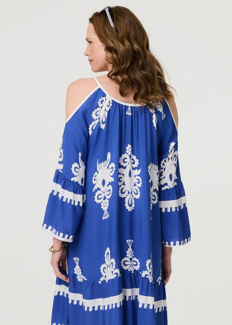 Tops>Izabel London Blue Ikat Print Cut Out Knee Length Sun Dress