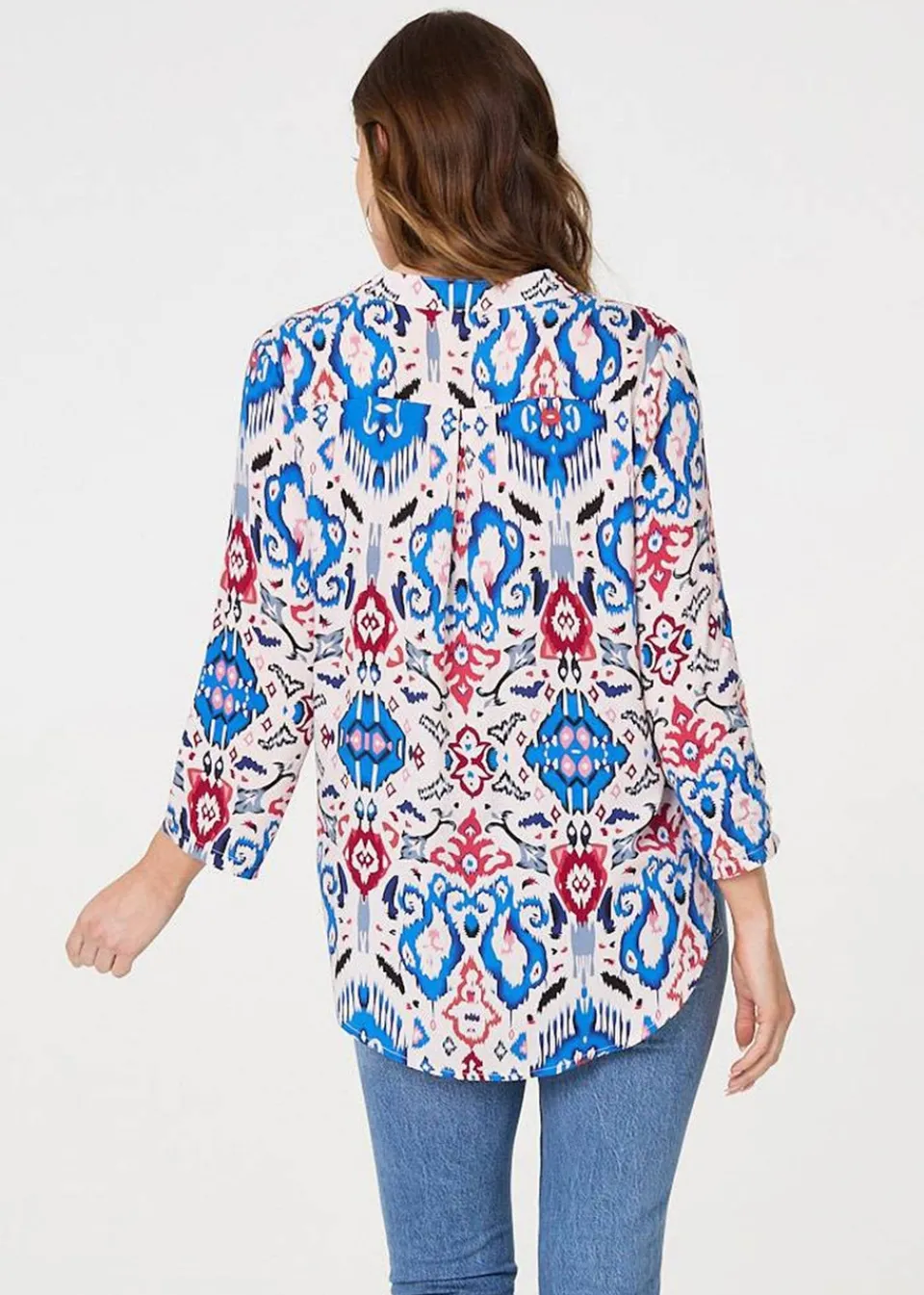 Tops>Izabel London Blue Ikat Print V-Neck Blouse