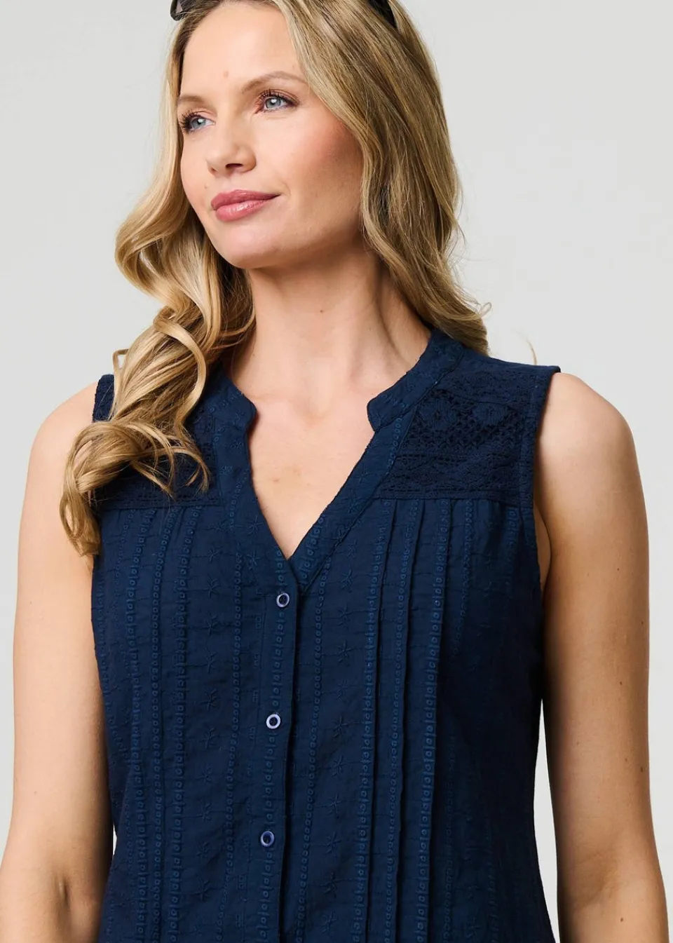 Tops>Izabel London Blue Lace Trim Sleeveless V Neck Blouse