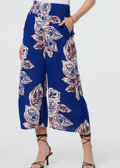 Trousers>Izabel London Blue Leaf Print High Waist Wide Leg Trousers
