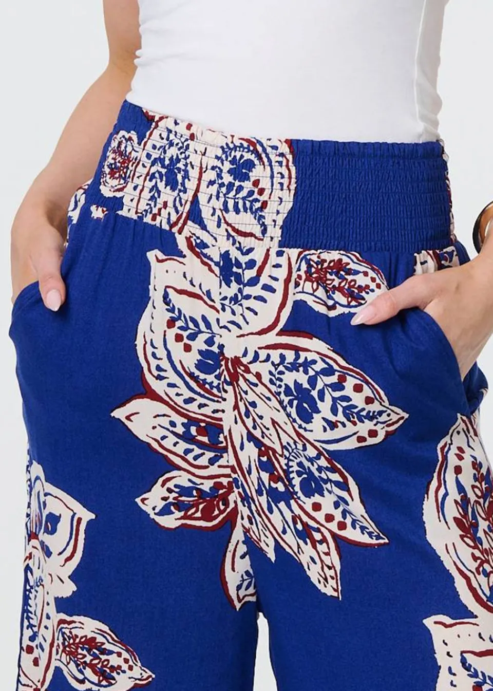 Trousers>Izabel London Blue Leaf Print High Waist Wide Leg Trousers
