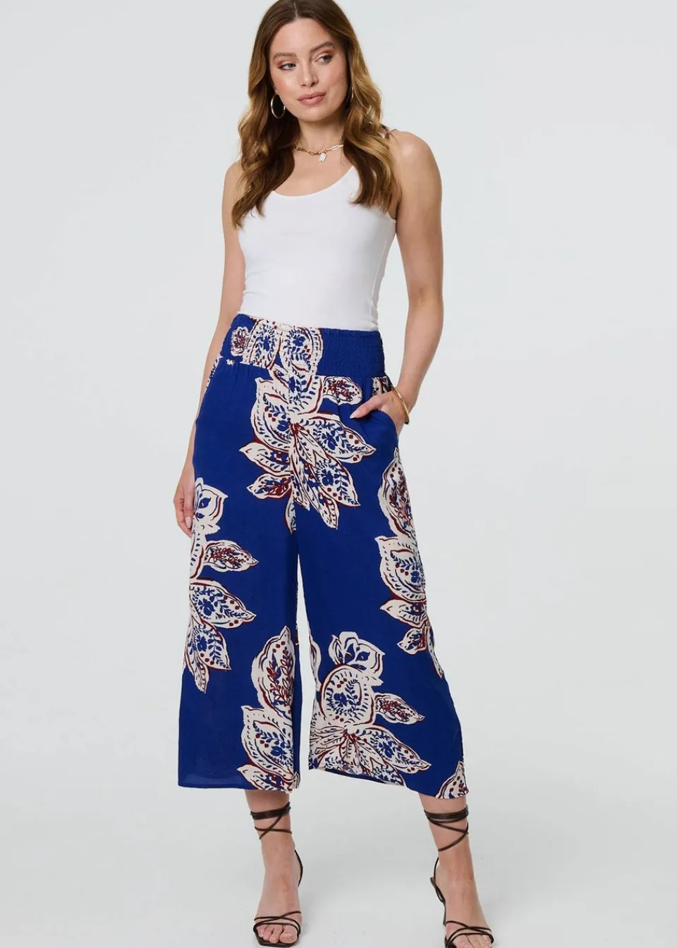 Trousers>Izabel London Blue Leaf Print High Waist Wide Leg Trousers