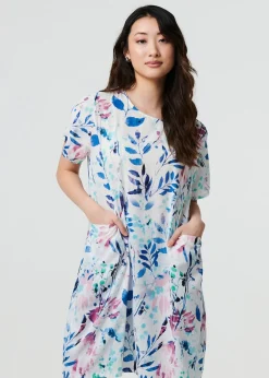 Dresses>Izabel London Blue Leaf Print Pocket Front Short Shift Dress