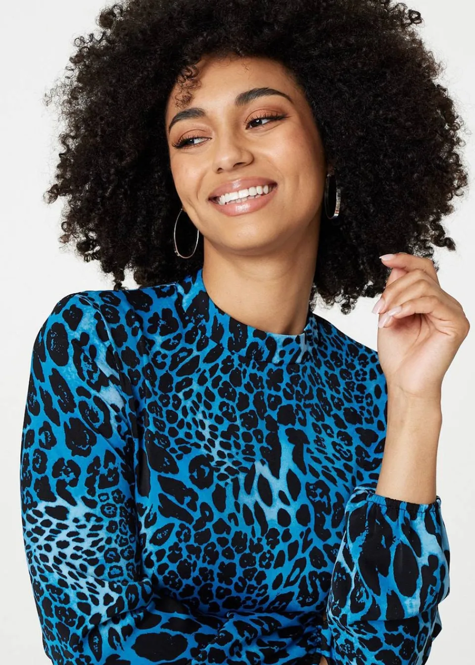 Dresses>Izabel London Blue Leopard Print Long Sleeve Mini Dress