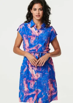 Dresses>Izabel London Blue Marble Print Knee Length Shirt Dress