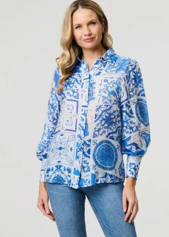 Tops>Izabel London Blue Mosaic Print Puff Sleeve Shirt