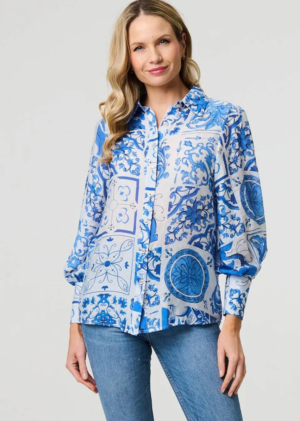 Tops>Izabel London Blue Mosaic Print Puff Sleeve Shirt