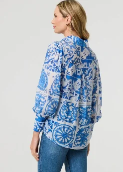 Tops>Izabel London Blue Mosaic Print Puff Sleeve Shirt