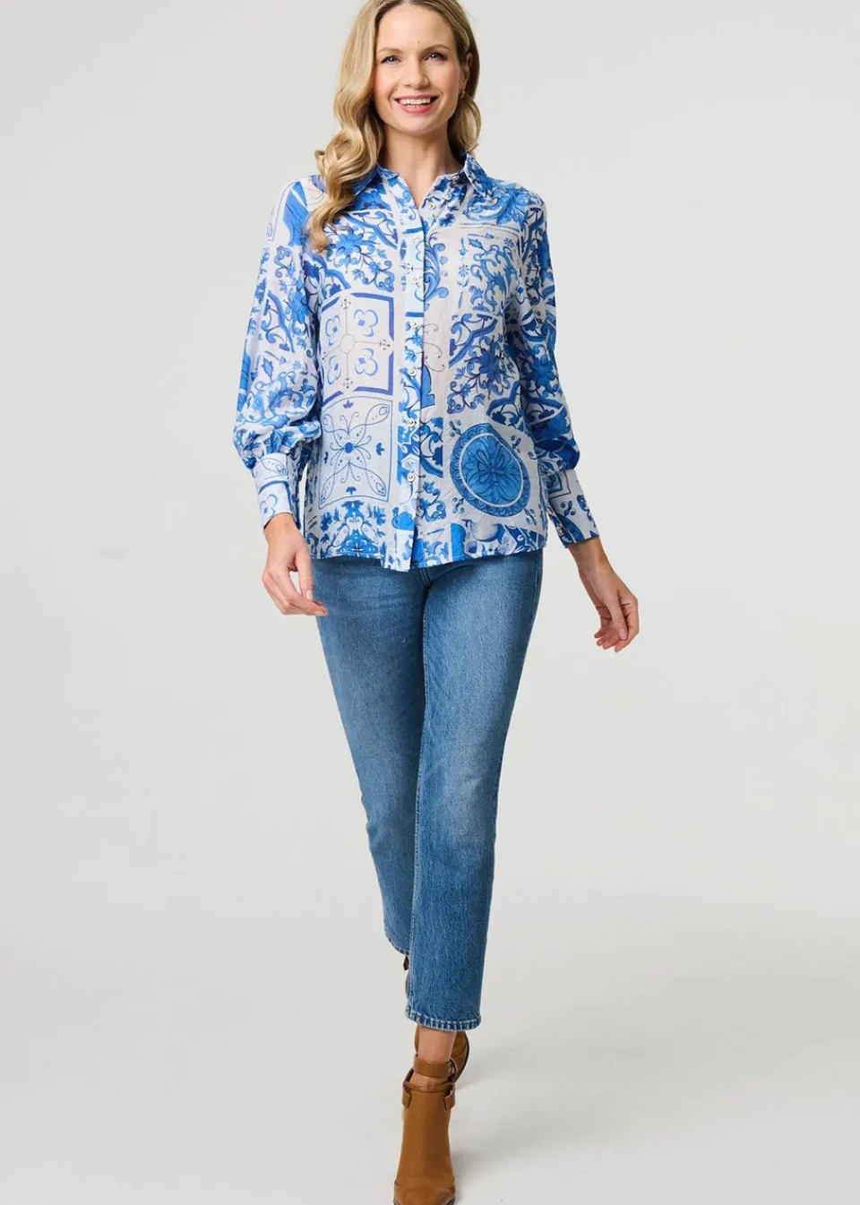 Tops>Izabel London Blue Mosaic Print Puff Sleeve Shirt
