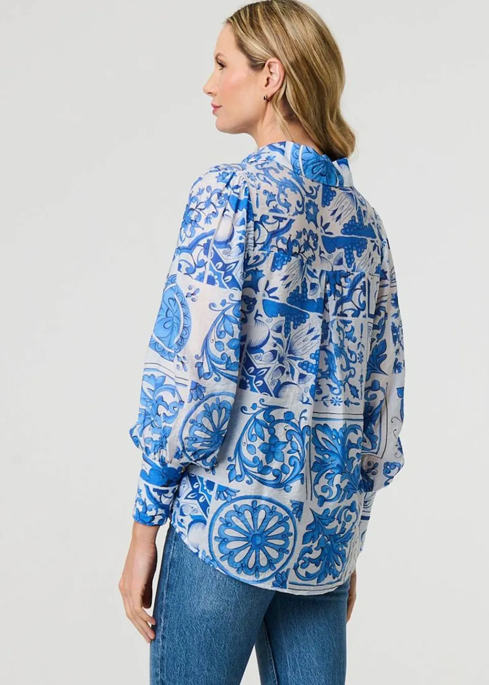 Tops>Izabel London Blue Mosaic Print Puff Sleeve Shirt