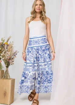 Skirts>Izabel London Blue Mosaic Print High Waist Tiered Maxi Skirt