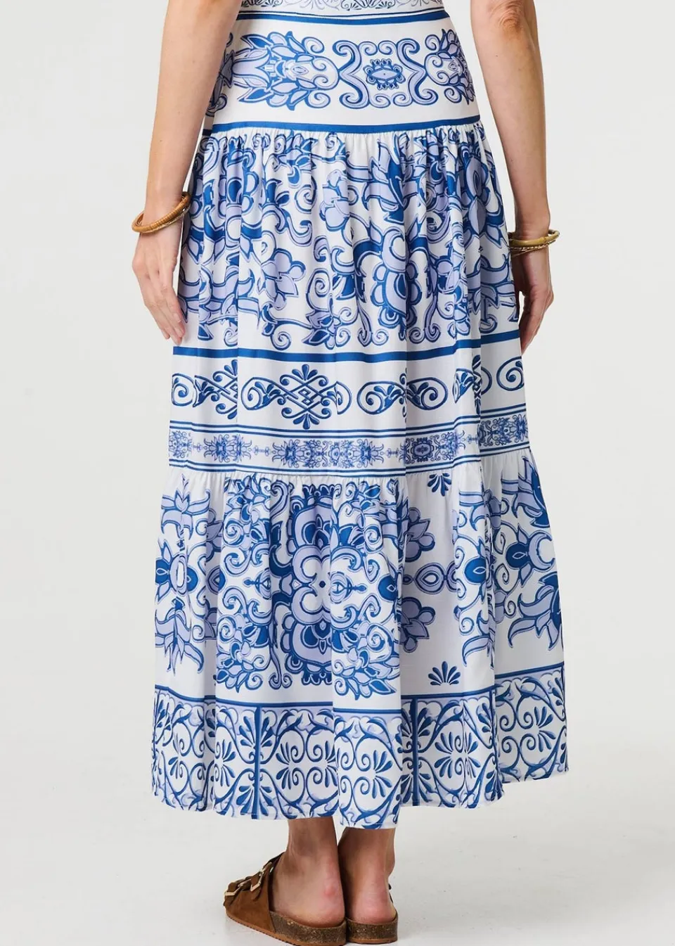 Skirts>Izabel London Blue Mosaic Print High Waist Tiered Maxi Skirt
