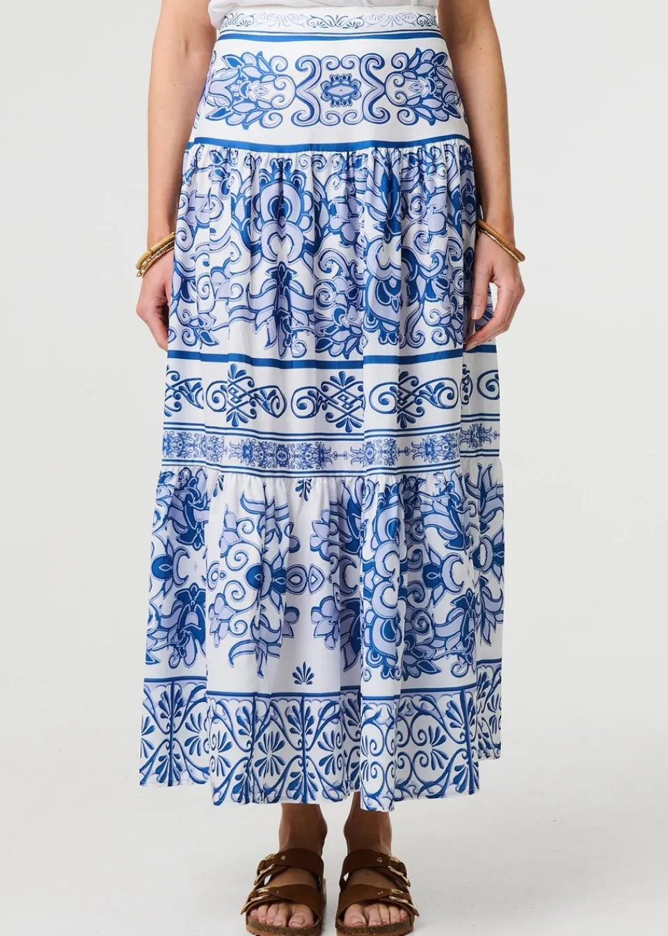Skirts>Izabel London Blue Mosaic Print High Waist Tiered Maxi Skirt