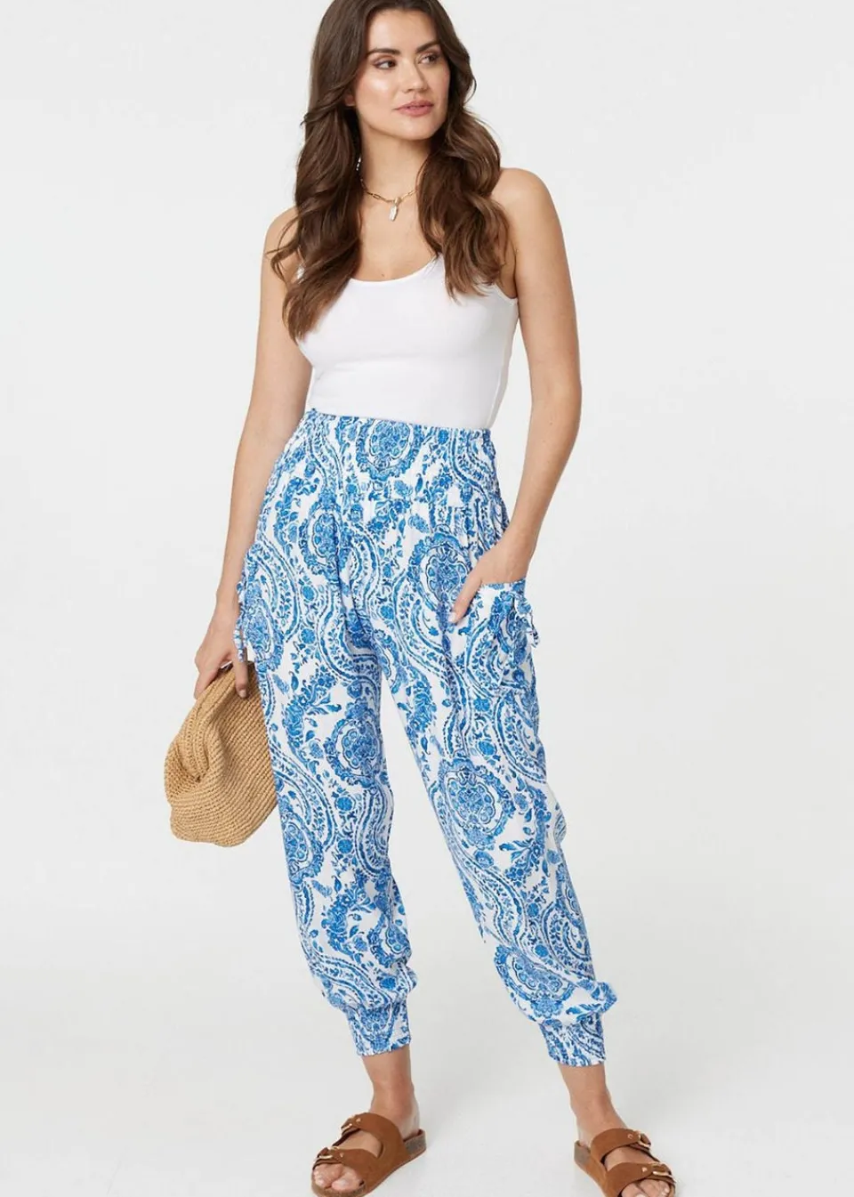 Trousers>Izabel London Blue Paisley Print High Waist Harem Pants