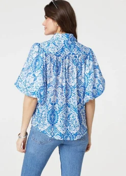 Tops>Izabel London Blue Paisley Print Puff 1/2 Sleeve Shirt