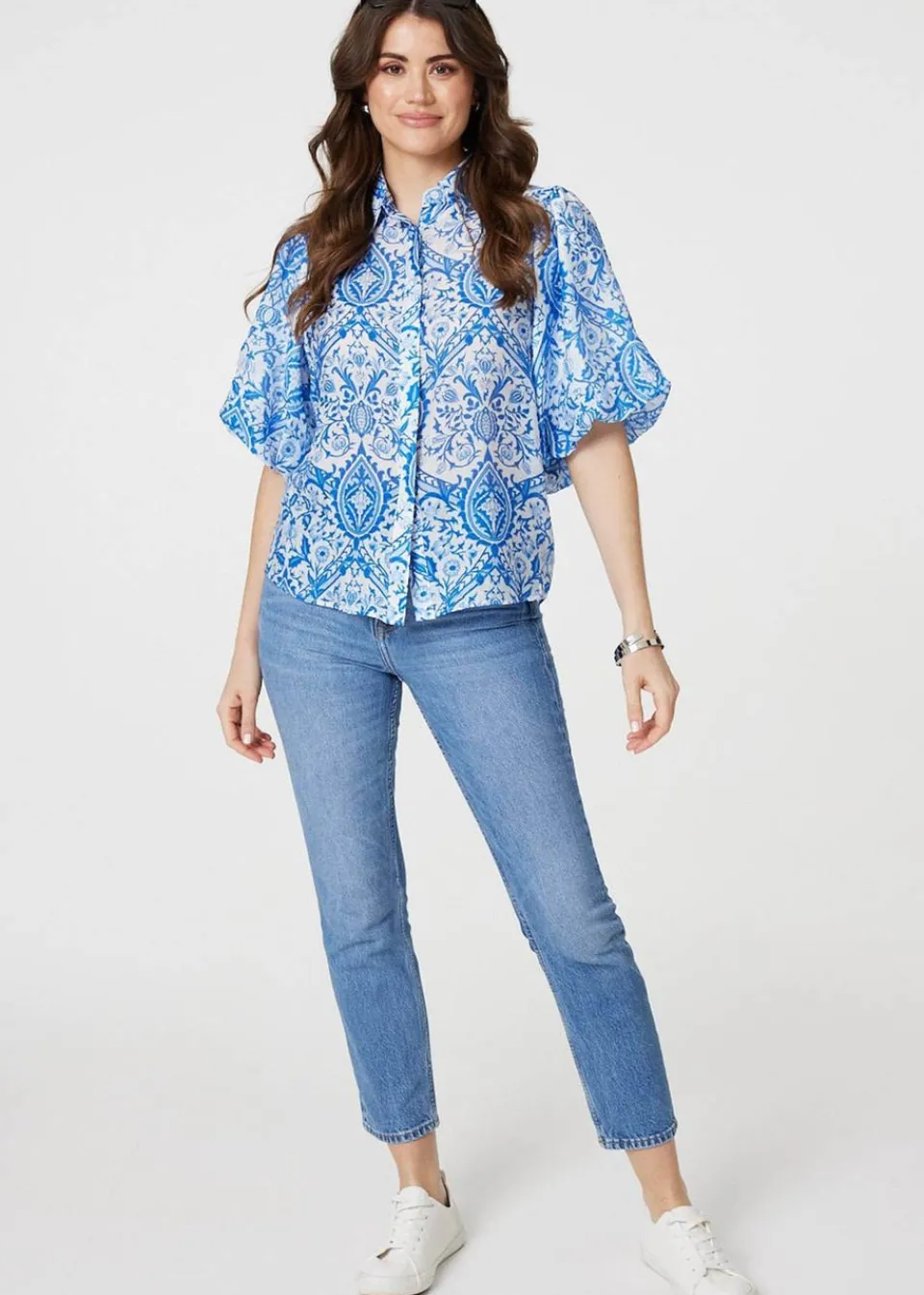 Tops>Izabel London Blue Paisley Print Puff 1/2 Sleeve Shirt
