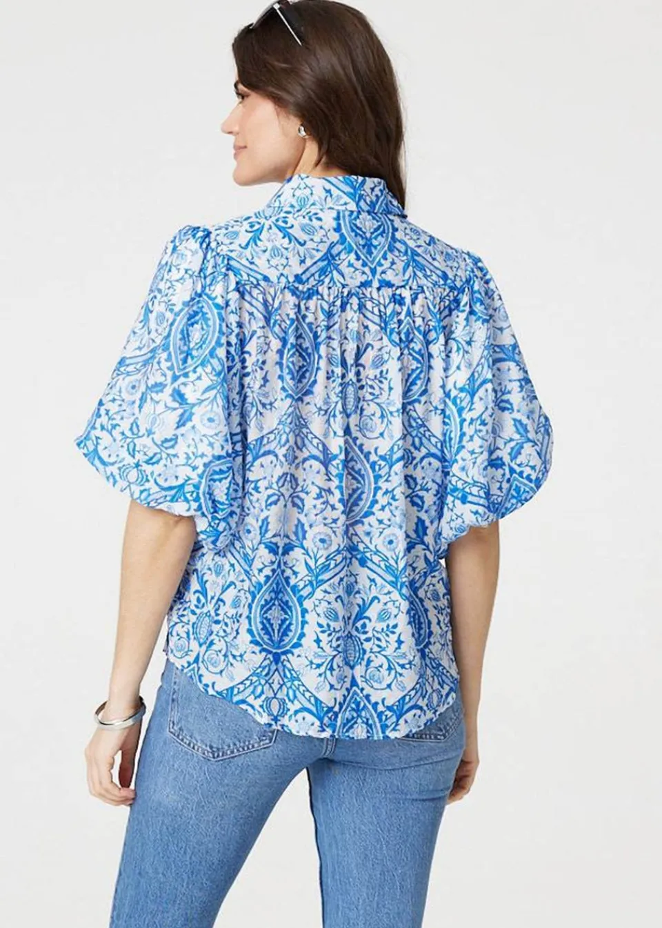 Tops>Izabel London Blue Paisley Print Puff 1/2 Sleeve Shirt
