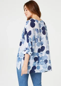 Tops>Izabel London Blue Polka Dot 3/4 Sleeve Blouse Top