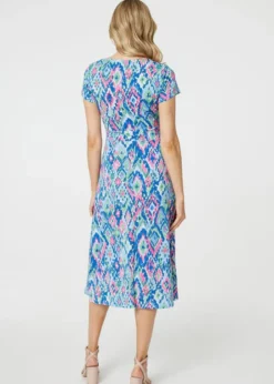 Dresses>Izabel London Blue Printed Ruched Faux-Wrap Midi Dress