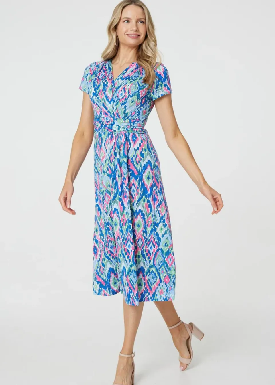 Dresses>Izabel London Blue Printed Ruched Faux-Wrap Midi Dress