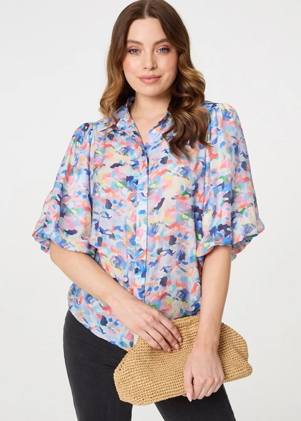 Tops>Izabel London Blue Printed Puff Sleeve Collared Shirt