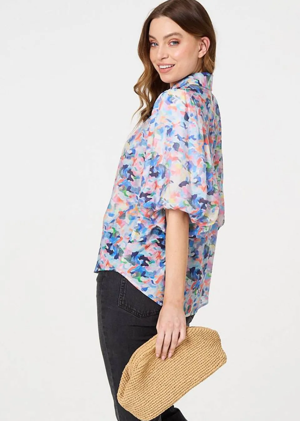Tops>Izabel London Blue Printed Puff Sleeve Collared Shirt