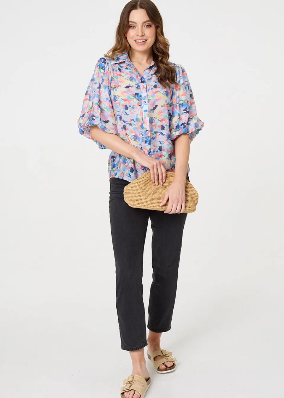 Tops>Izabel London Blue Printed Puff Sleeve Collared Shirt