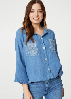Tops>Izabel London Blue Sequin Detail 3/4 Turn-Up Sleeve Shirt